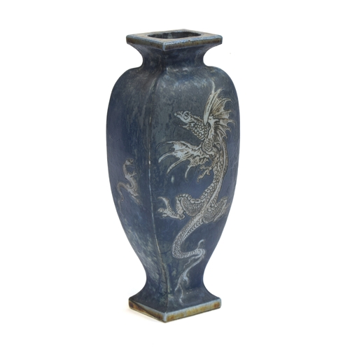 156 - A late Victorian Martin Brothers stoneware vase of tapering form (chipped), decorated with dragons o... 