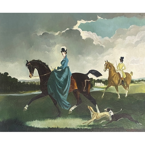 276 - Doris Clare Zinkeisen (1898-1991), two figures on horseback with longdogs in the park of a stately h... 