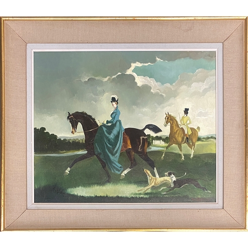 276 - Doris Clare Zinkeisen (1898-1991), two figures on horseback with longdogs in the park of a stately h... 