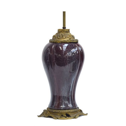 338 - A 19th century flambe glazed ceramic lamp of baluster form in Chinese taste, converted from a vase, ... 