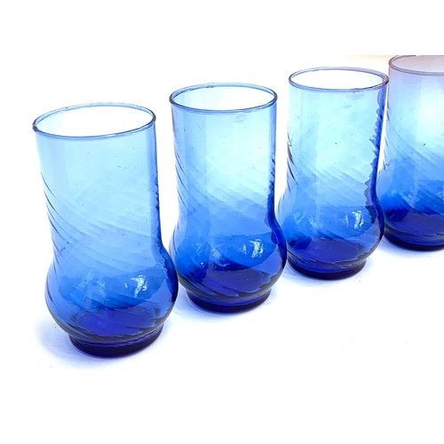 189 - A set of six vintage hand blown blue drinking glasses, 13.5cmH