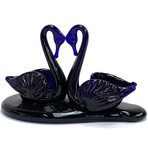 248 - A pair of Edinburg crystal swans, 9.5cmH; together with two pairs of Bristol blue glass swans