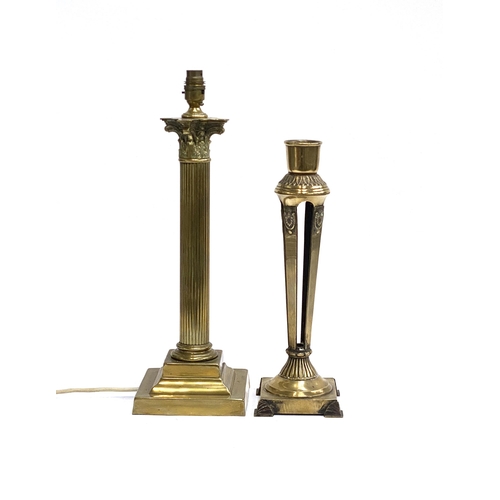 405 - A Corinthian column brass table lamp, on reeded column and square stepped base, 43cm high to base of... 