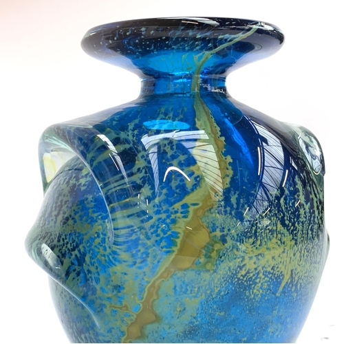 264 - Two vintage Mdina glass vases with flared rims, one in the 'Tiger' pattern, each approx. 14.5cmH (2)