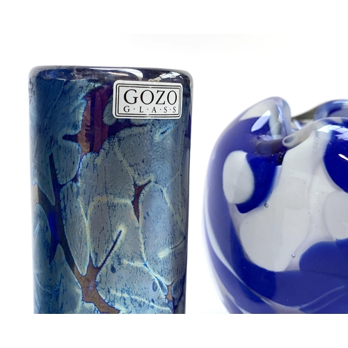 271 - Four blue glass vases to include a Gozo Glass iridescent bud vase, 8.5cmH