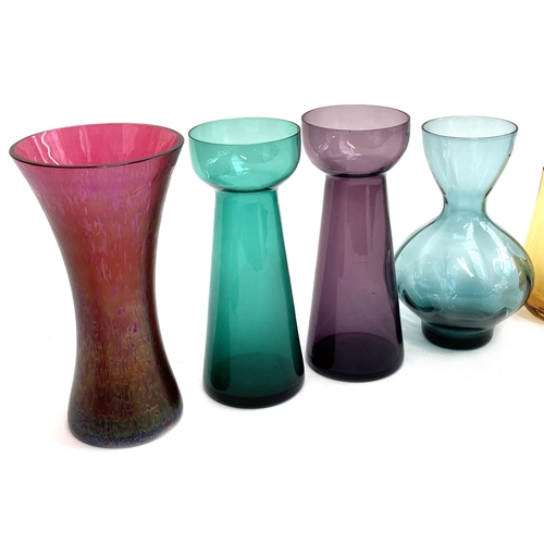 272 - A collection of coloured glass to include Victorian bulb vases, red iridescent glass vase of waisted... 