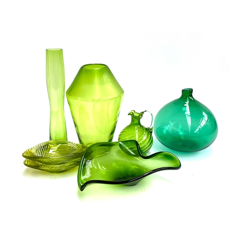 212 - A lot of green glass to include large Habitat vase; handblown vase with clear handle; studio glass d... 