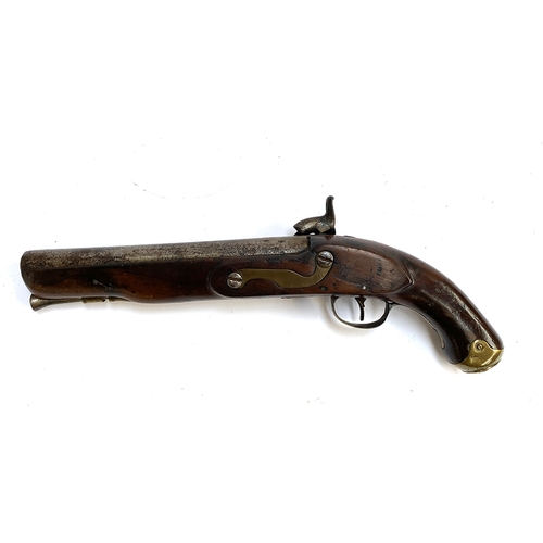 437 - A 18th century percussion pistol with proof marks on barrel, various proof marks to barrel and fitte... 