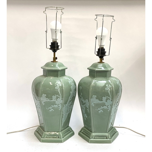 1241 - Interior design interest: A pair of large and heavy Chinese style celadon glazed table lamps of hexa... 