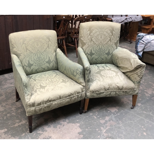 1224 - A near pair of neat early 20th century armchairs in a William Morris style print