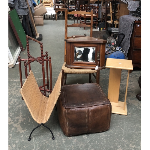 1251 - A mixed lot to include ladderback occasional chair, folding wicker magazine rack, leather stool, etc