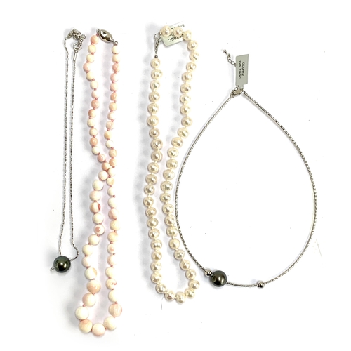 104 - Two 925 silver necklaces with grey cultured pearl bead; cultured pearl necklace with silver clasp; a... 