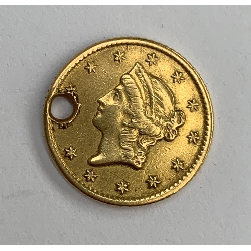 35 - An 1851 United States of America gold Liberty Head 1 dollar coin, with drill hole, 1.3cmD, 1.6g