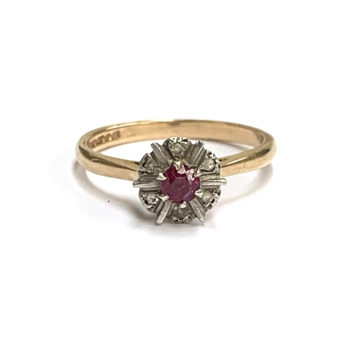 4 - A 9ct gold, ruby and diamond cluster ring, size O, 2.3g