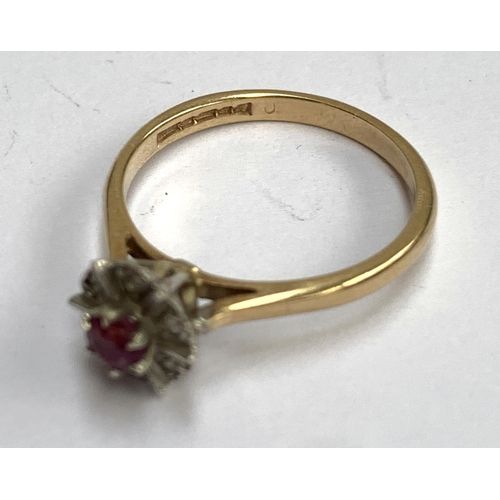 4 - A 9ct gold, ruby and diamond cluster ring, size O, 2.3g