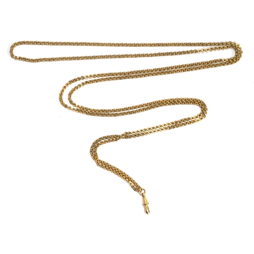 45 - A Victorian gilt metal long guard chain, with dog clip, 69cmL