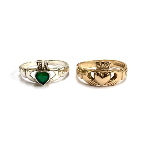 5 - A 9ct gold Claddagh ring, size Q 1/2, 3.5g; together with a silver Claddagh ring set with green agat... 