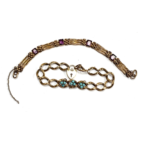 50 - A rolled gold curb link bracelet with turquoise detail (af), with 9ct gold padlock clasp 1.3g; toget... 