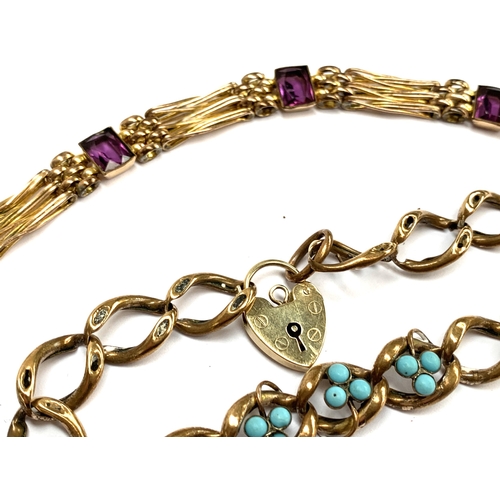 50 - A rolled gold curb link bracelet with turquoise detail (af), with 9ct gold padlock clasp 1.3g; toget... 