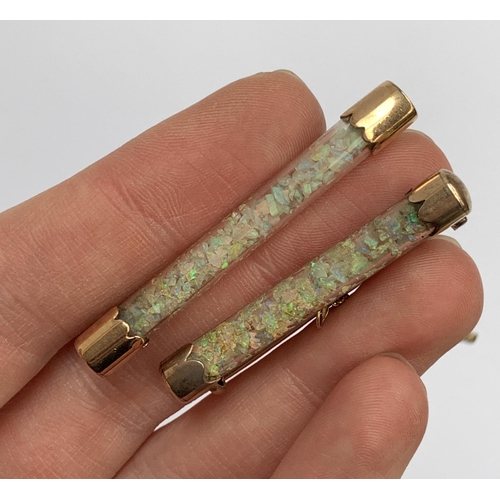 54 - Two late Victorian gold mounted glass tube brooches containing Australian opal chips, 5.2 and 4.4cm ... 