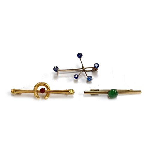 6 - A 14t gold bar brooch set with a jade cabochon, the jade approx. 7mmD, the brooch 4cmL, 1.5g; a 9ct ... 