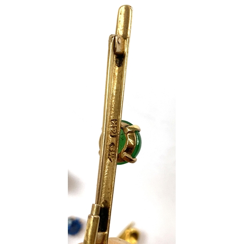 6 - A 14t gold bar brooch set with a jade cabochon, the jade approx. 7mmD, the brooch 4cmL, 1.5g; a 9ct ... 