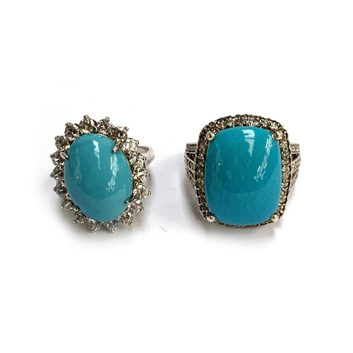 105 - Two 925 silver ring set with large sleeping beauty turquoise cabochons, surrounded by natural white ... 