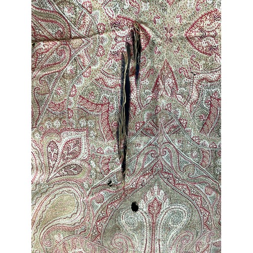 678 - A 19th century Kashmir Amli-Rumal shawl of olive green and red wool (af), approx. 175x180cm