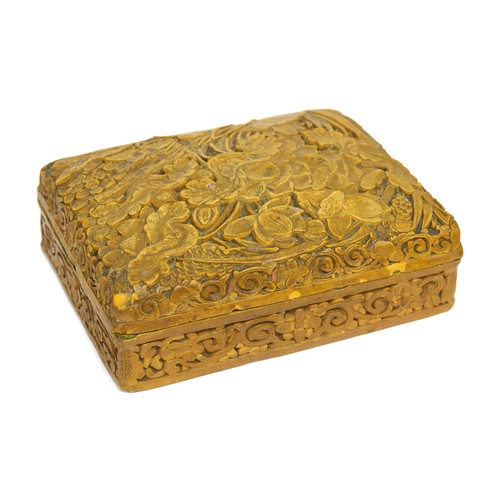 224A - An unusual Chinese yellow/mustard coloured lacquer box, carved with profuse floral decoration includ... 