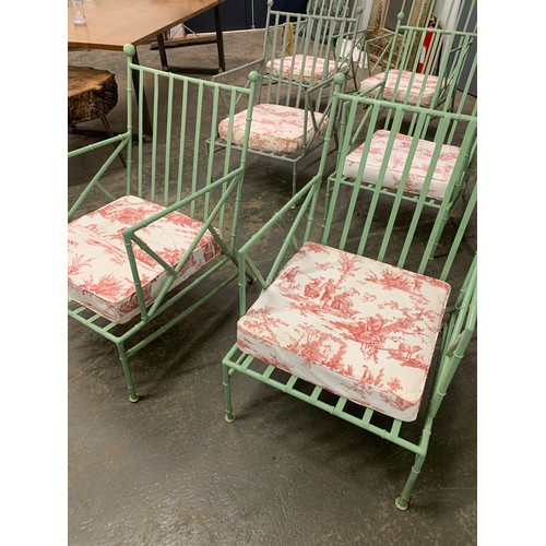 473 - A set of six sage green painted wrought iron faux bamboo garden open armchairs, with cushions, 60cm ... 