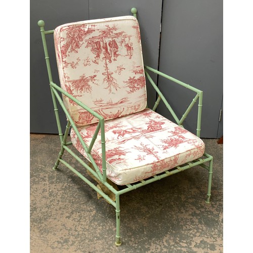 473 - A set of six sage green painted wrought iron faux bamboo garden open armchairs, with cushions, 60cm ... 