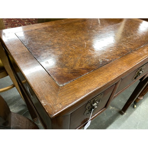 466 - A Chinese hardwood and burr elm side table, Republican, with arrangement of three drawers, 74cm wide... 