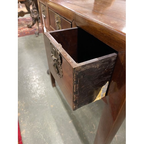 466 - A Chinese hardwood and burr elm side table, Republican, with arrangement of three drawers, 74cm wide... 