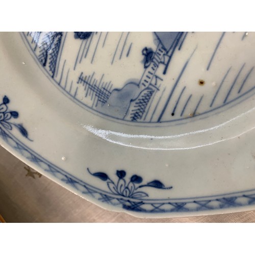 213 - Three 19th century Chinese export blue and white octagonal plates depicting pagodas, each approx. 23... 