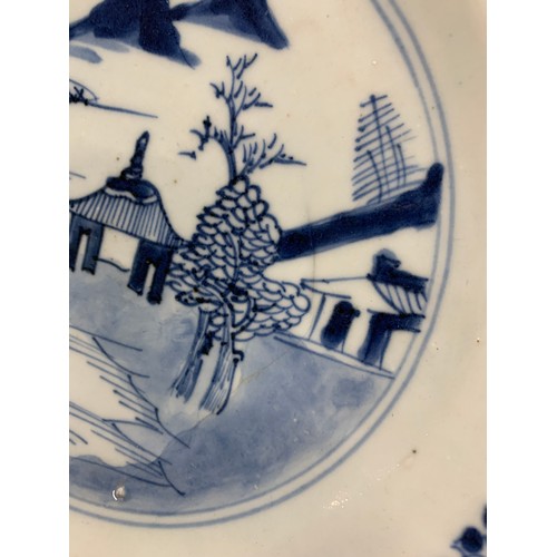 213 - Three 19th century Chinese export blue and white octagonal plates depicting pagodas, each approx. 23... 