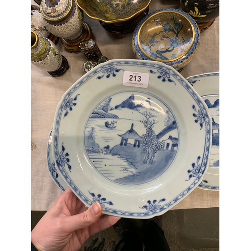 213 - Three 19th century Chinese export blue and white octagonal plates depicting pagodas, each approx. 23... 