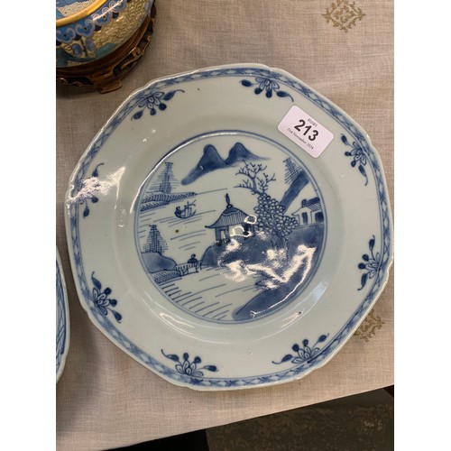 213 - Three 19th century Chinese export blue and white octagonal plates depicting pagodas, each approx. 23... 