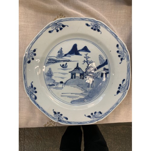 213 - Three 19th century Chinese export blue and white octagonal plates depicting pagodas, each approx. 23... 