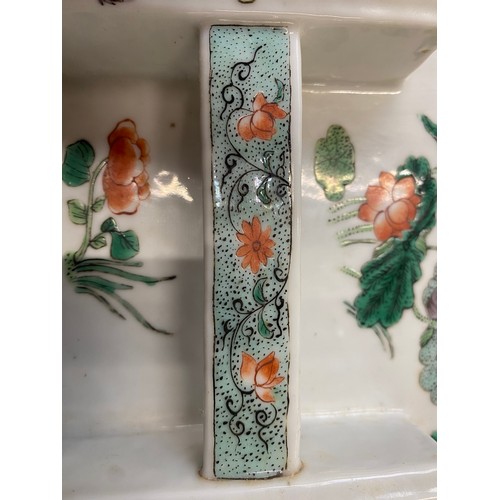 215 - A Chinese porcelain famille verte letter/brush stand, decorated with chrysanthemums and peonies, 20c... 