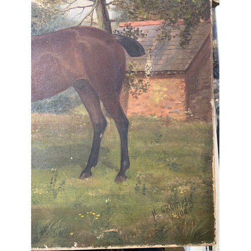 280 - Henry Crowther (fl. 1905-1929), oil on canvas of a dark bay horse and terrier, signed and dated 1900... 