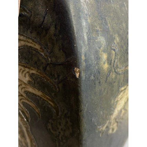 156 - A late Victorian Martin Brothers stoneware vase of tapering form (chipped), decorated with dragons o... 