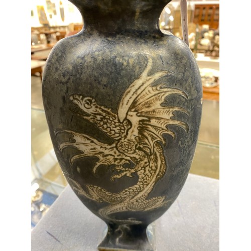 156 - A late Victorian Martin Brothers stoneware vase of tapering form (chipped), decorated with dragons o... 