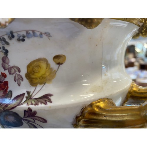 187 - A very large 19th century twin handled lidded urn (repairs), profusely hand painted with floral spra... 