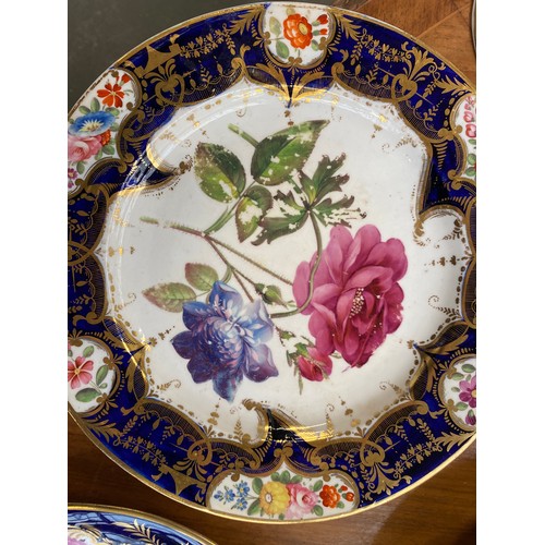 193 - A set of twelve 19th century cobalt blue and gilt dessert plates, each with central hand painted flo... 