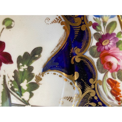 193 - A set of twelve 19th century cobalt blue and gilt dessert plates, each with central hand painted flo... 