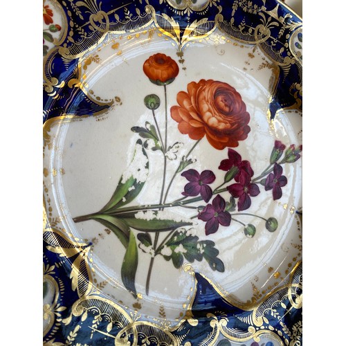 193 - A set of twelve 19th century cobalt blue and gilt dessert plates, each with central hand painted flo... 