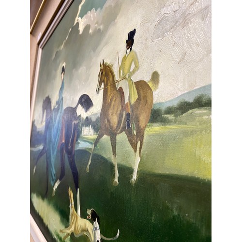 276 - Doris Clare Zinkeisen (1898-1991), two figures on horseback with longdogs in the park of a stately h... 