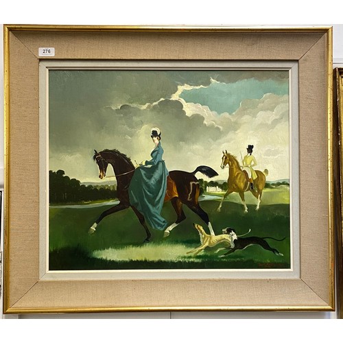 276 - Doris Clare Zinkeisen (1898-1991), two figures on horseback with longdogs in the park of a stately h... 