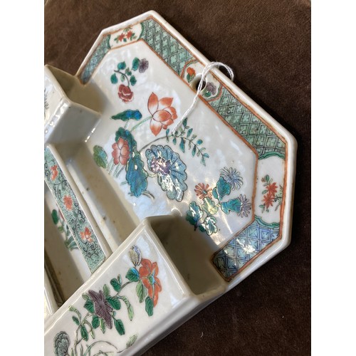 215 - A Chinese porcelain famille verte letter/brush stand, decorated with chrysanthemums and peonies, 20c... 