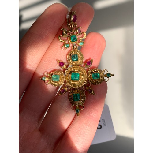 12 - An 18th century Iberian gold cross pendant set with emeralds, emerald paste, and rubies, the largest... 